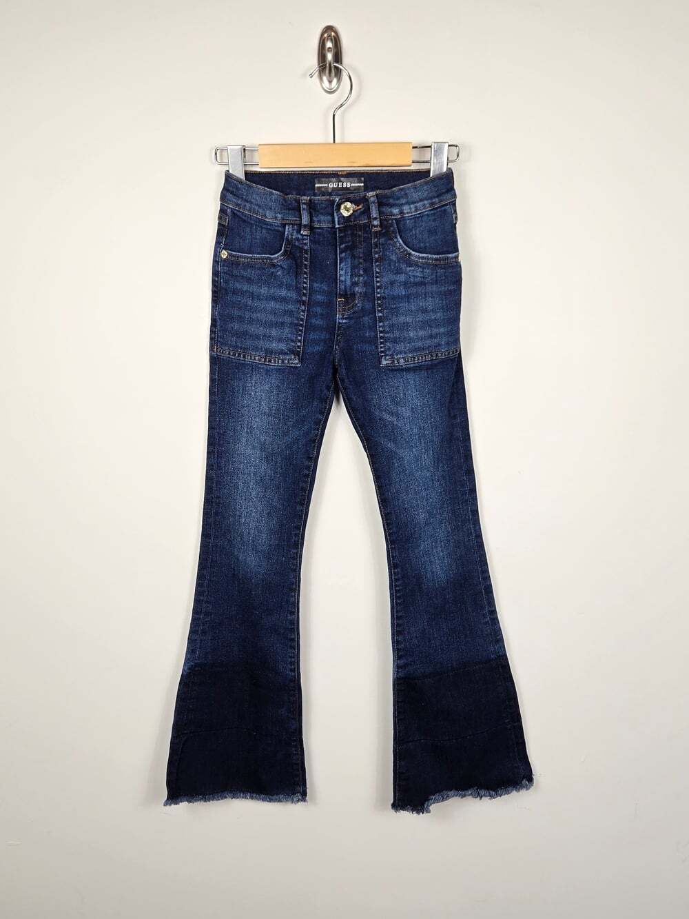 Guess Girls Size 10 Flare Jeans Dark Wash Raw Hem Y2K Stretch Denim - Picture 2 of 8